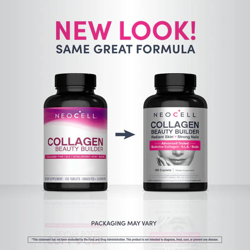 NeoCell Collagen Beauty Builder bottle, 150 caplets, on white background. Old & new packaging.