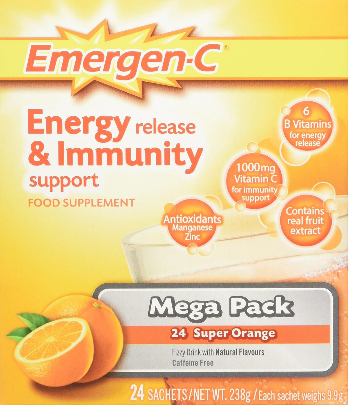 Emergen-C Super Orange Vitamin C Drink Mix 24 x 9.9g sachets multipack front packaging
