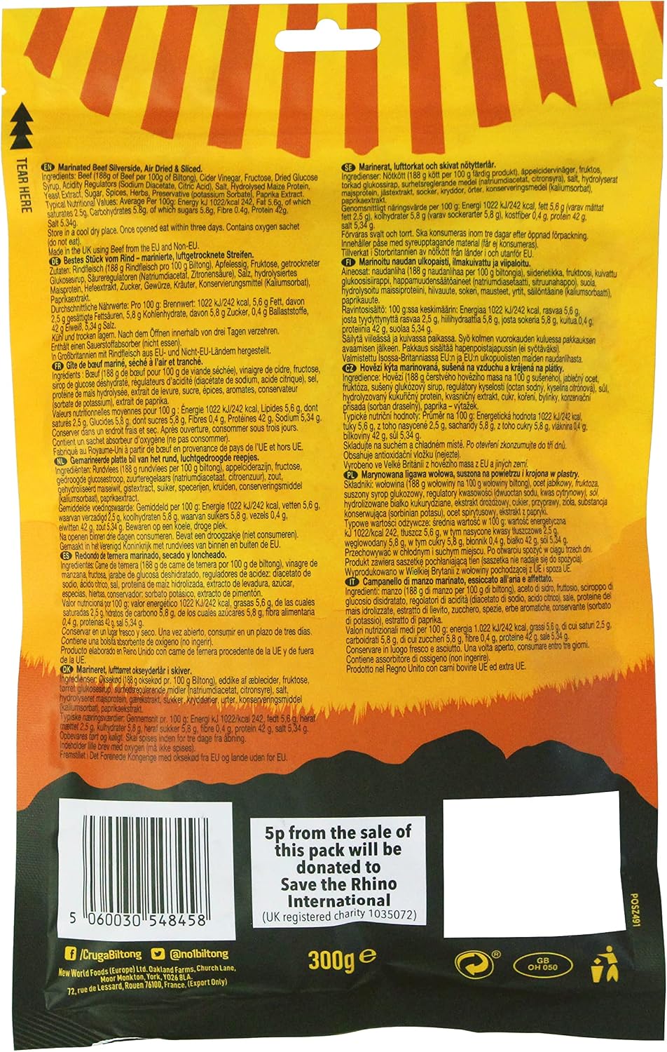 Cruga Original Beef Biltong ingredients label & barcode 300g