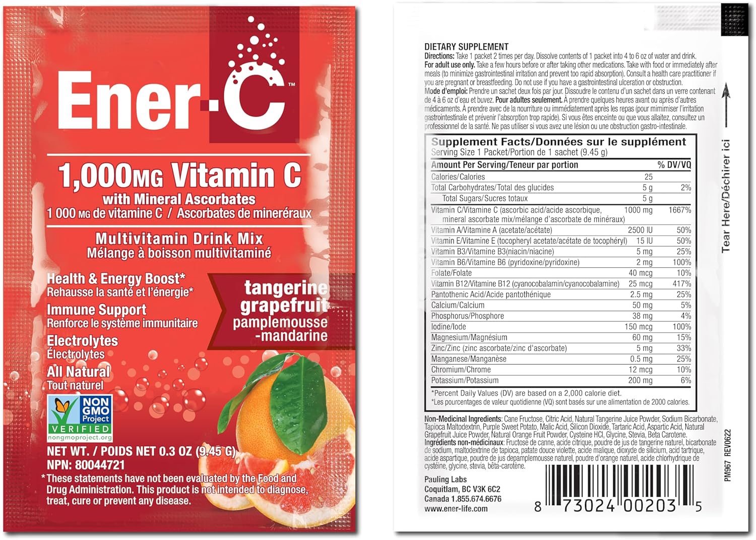 Ener-C Tangerine & Grapefruit vitamin powder mix front label 9.45g sachets with barcode