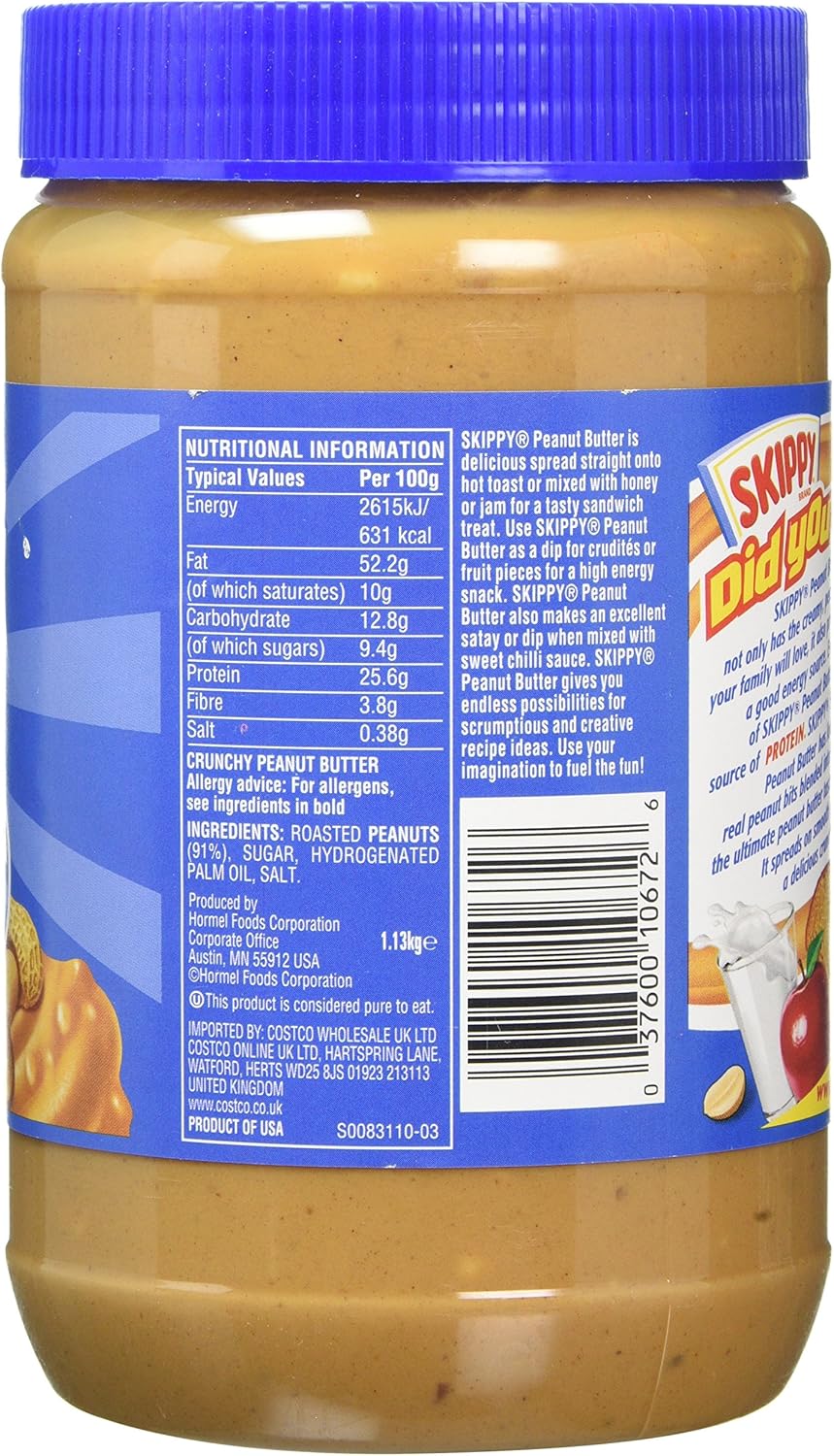 Skippy extra crunchy peanut butter jar barcode packaging 1.13kg
