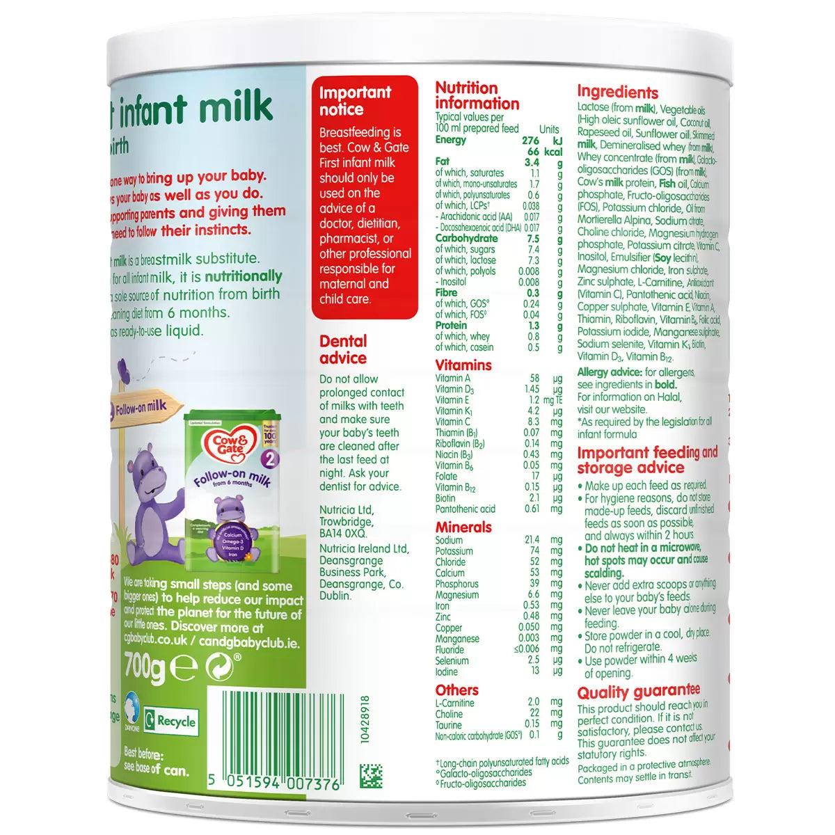 Barcode image: Cow and Gate baby formula powder 700g retail barcode packaging