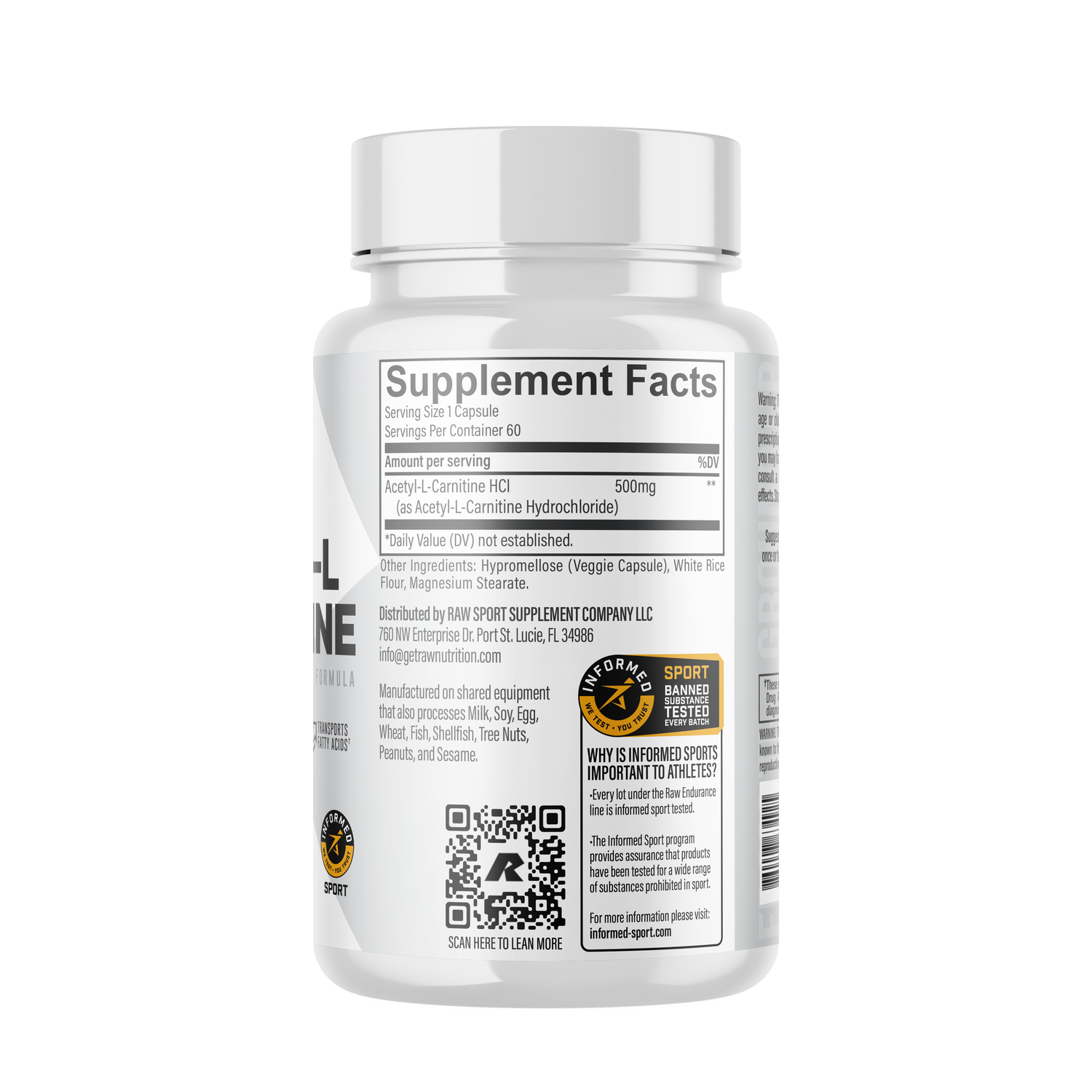 Raw Nutrition Acetyl-L-Carnitine 500mg 60 capsules supplement facts label