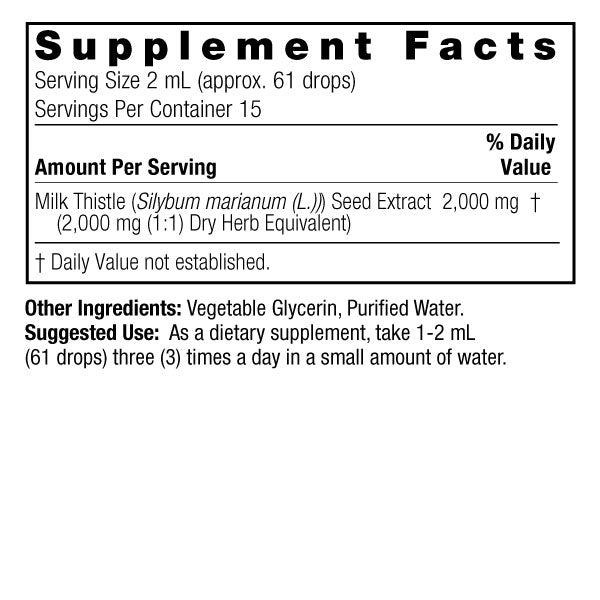 Nature’s Answer Milk Thistle supplement facts alcohol free 30ml back label on a white background