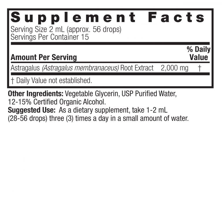 Nature’s Answer Astragalus supplement facts low alcohol 30ml back labelon a white background