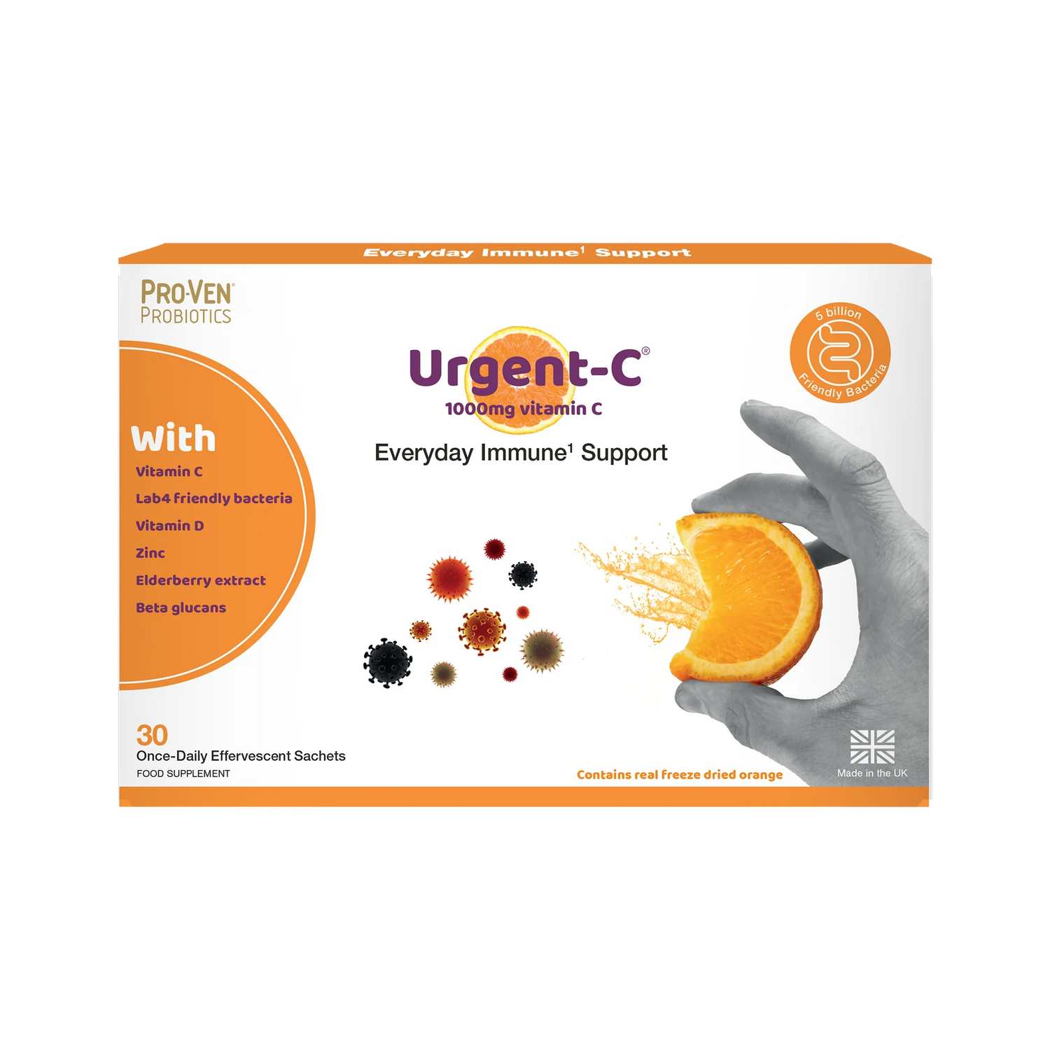 Front Image: ProVen Probiotics Urgent-C sachets 30 count orange flavour packaging front