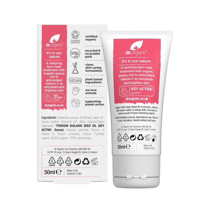 Dr. Organic Vitamin C Face Mask with Guava, recyclable tube packaging, guava fragrance, 50ml, ingredients information