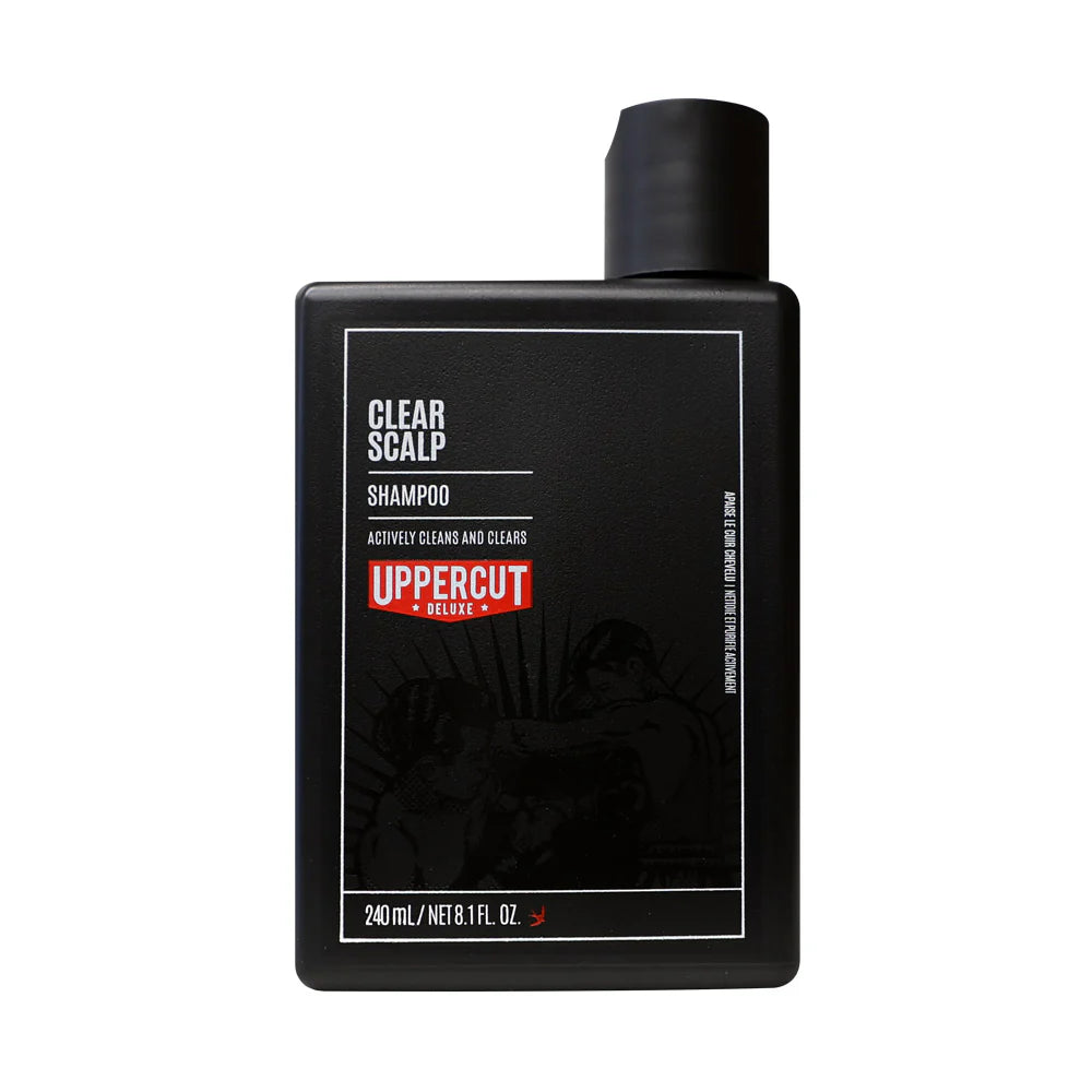 Front image: Uppercut Deluxe Clear Scalp Shampoo 240ml bottle fresh woods pepper fragrance packaging