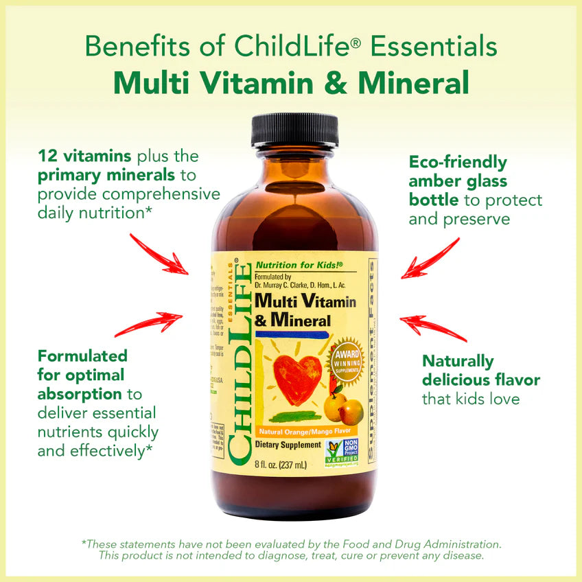 ChildLife Essentials Liquid Multivitamin key benefits vitamins minerals orange mango 237ml