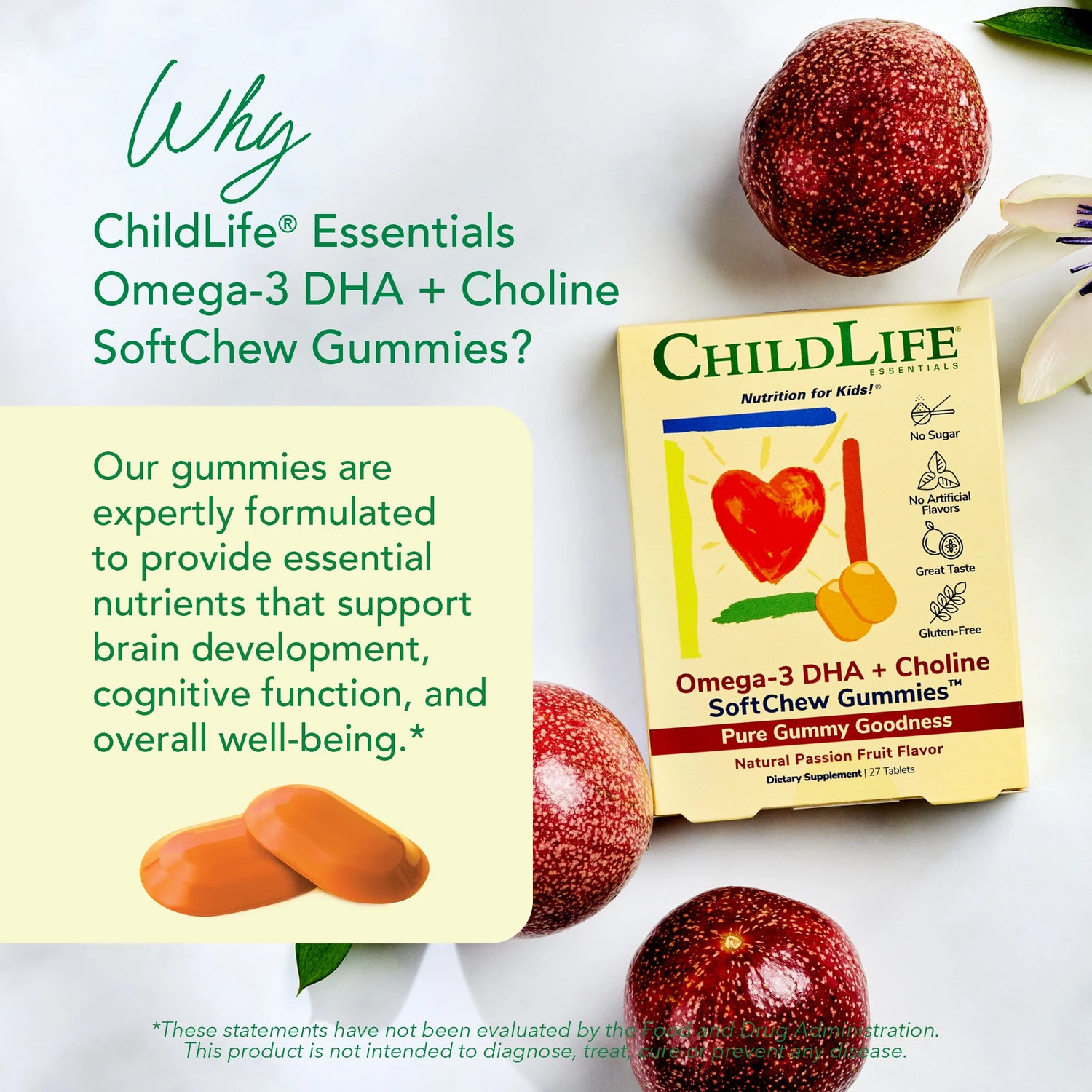 ChildLife Essentials Omega-3 DHA + Choline SoftChew Gummies kids chewable supplement passion fruit 27 tablets
