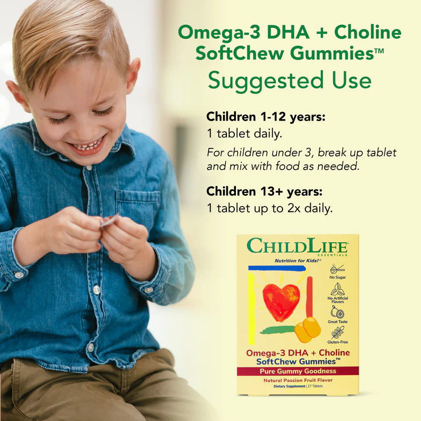 ChildLife Essentials Omega-3 DHA + Choline SoftChew Gummies usage instructions chewable tablets passion fruit 27 count