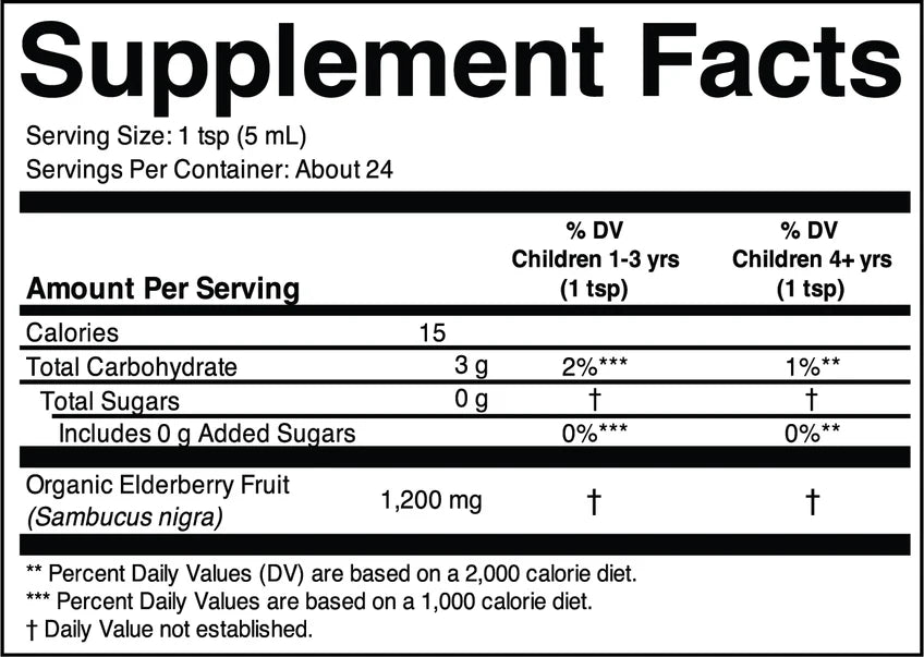 ChildLife Essentials Organic Elderberry Liquid supplement facts ingredients 118ml