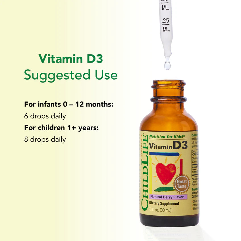 ChildLife Essentials Vitamin D3 drops usage instructions kids liquid berry 30ml