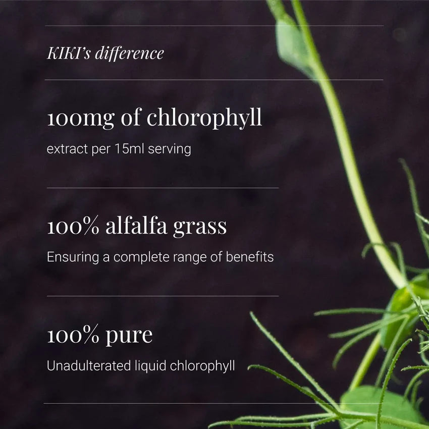 Supplement facts & ingredients image: KIKI Health liquid chlorophyll from alfalfa ingredient panel bottle 250ml
