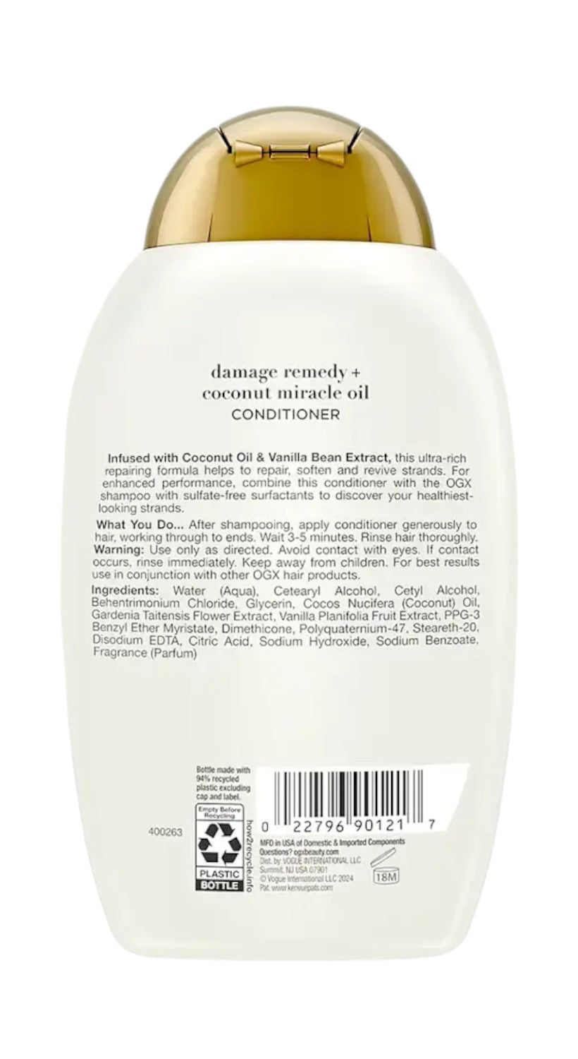 OGX coconut miracle oil conditioner ingredients, barcode and directions label