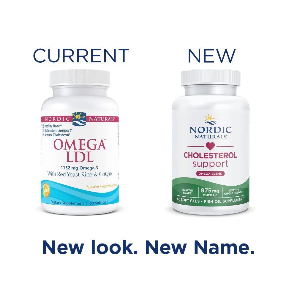 Nordic Naturals Heart Health Formula bottle, lemon soft gels, 60 count. Old & new packaging.