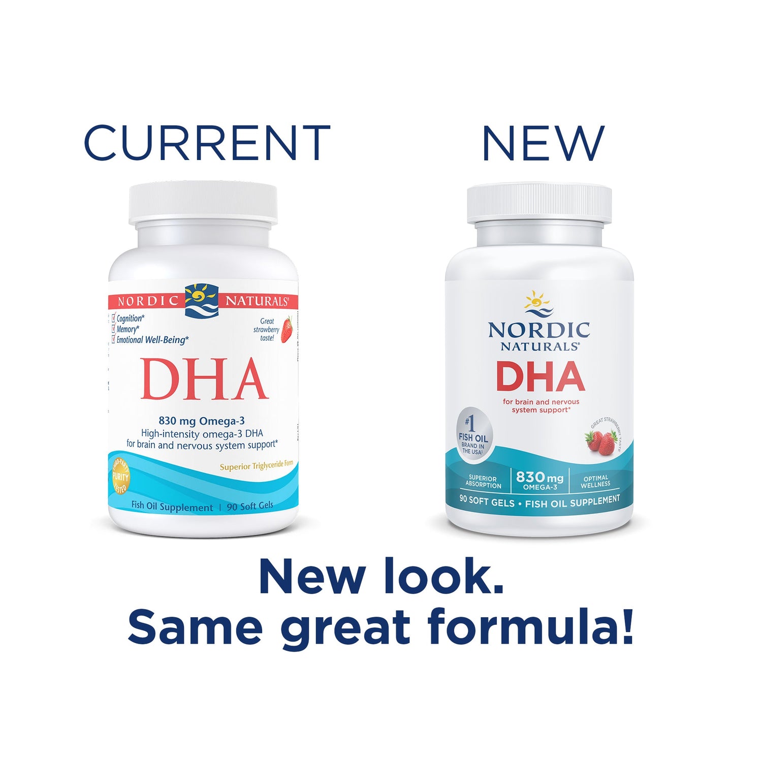 Nordic Naturals DHA Omega-3 830mg, Non-GMO - Strawberry Flavour Softgels old & new packaging
