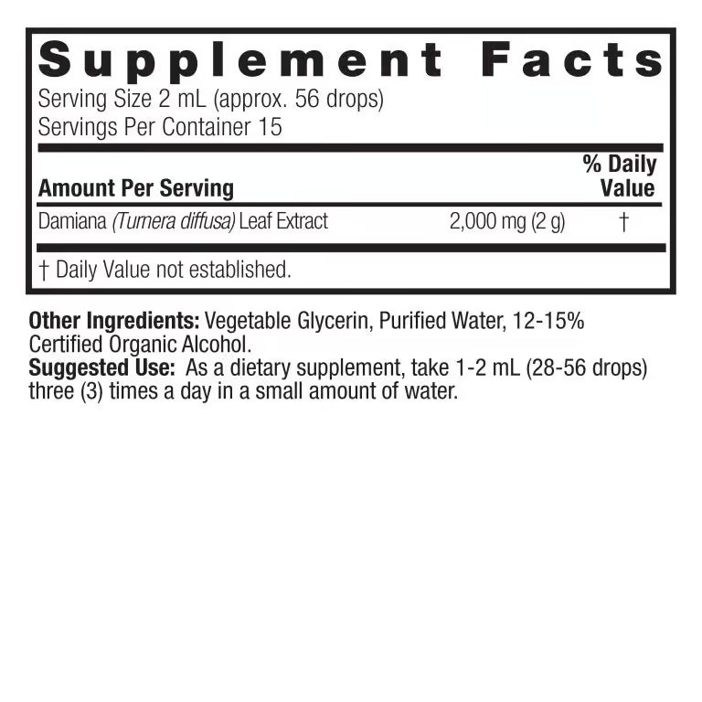 Nature’s Answer Damiana liquid extract supplement facts 30ml back labelt on a white background