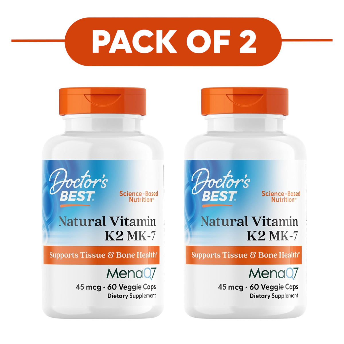 Doctor's Best Natural Vitamin K2 MK-7 45mcg 60 Veggie Capsules Pack of 2