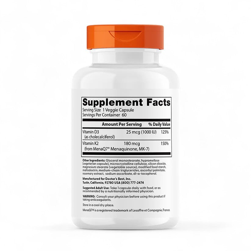 Doctor's Best Natural Vitamin K2 MK-7 plus D3 – 180mcg, 60 Veggie Capsules