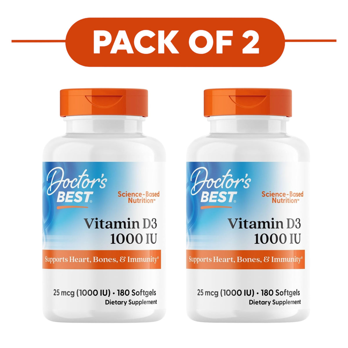 Doctor's Best Vitamin D3 1000 IU 25mcg 180 Softgels Pack of 2