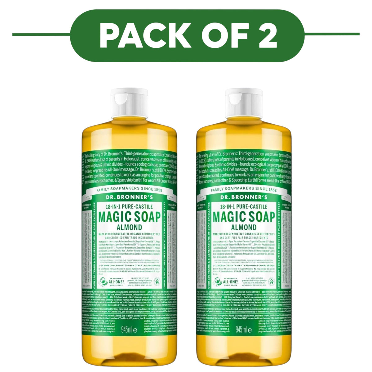 Dr. Bronner's Almond 18-in-1 Pure-Castile Liquid Soap 945ml Pack of 2