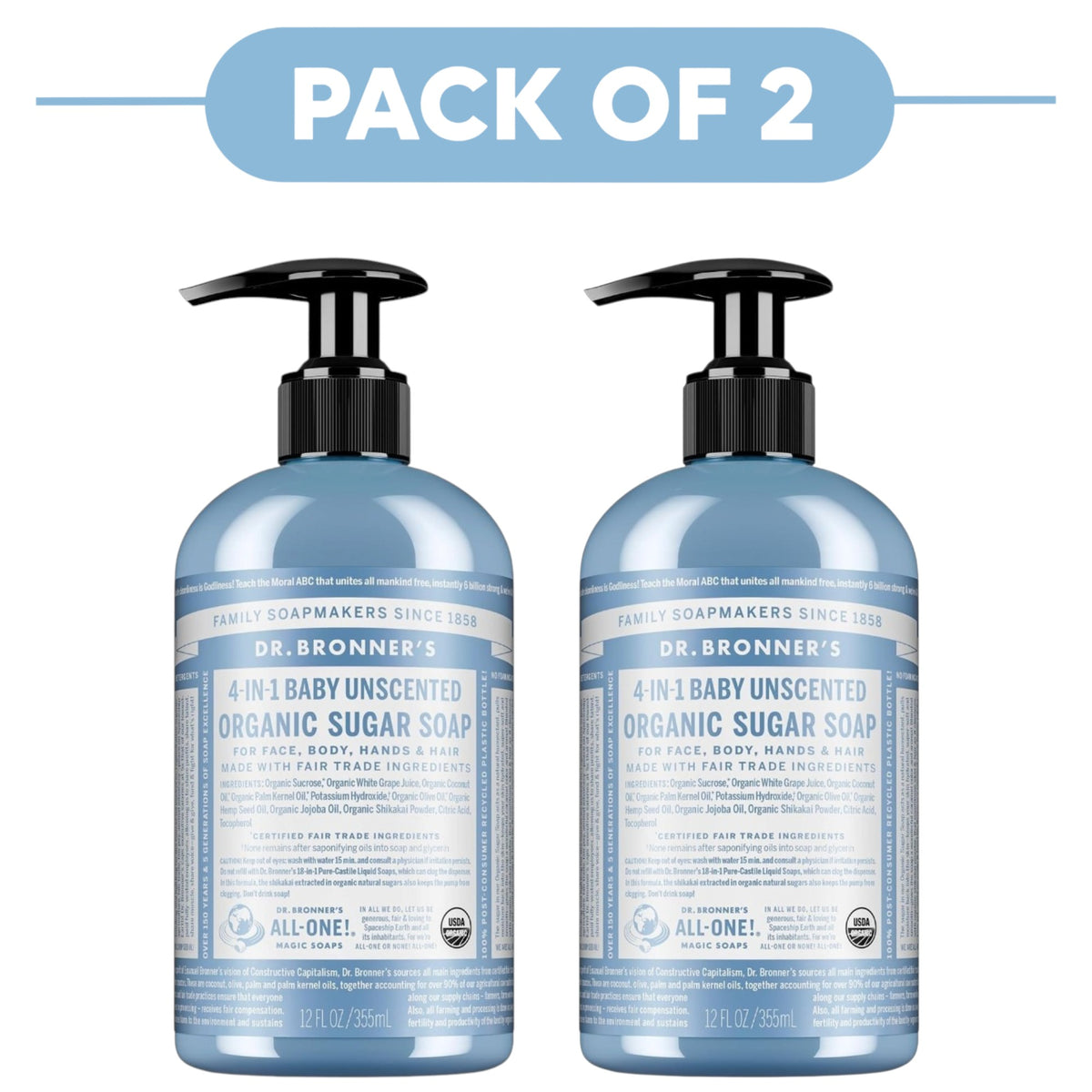 Dr. Bronner's Baby Unscented 4-in-1 Organic Sugar Soap 355ml Pack of 2