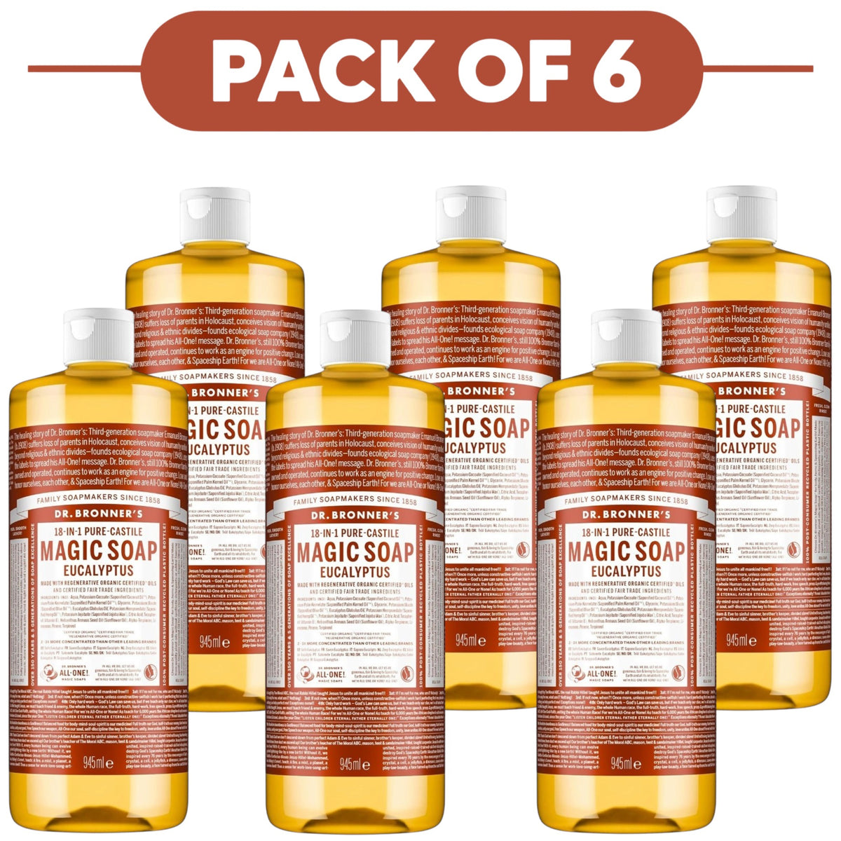 Dr. Bronner's Eucalyptus 18-in-1 Pure-Castile Liquid Soap 945ml Pack of 6