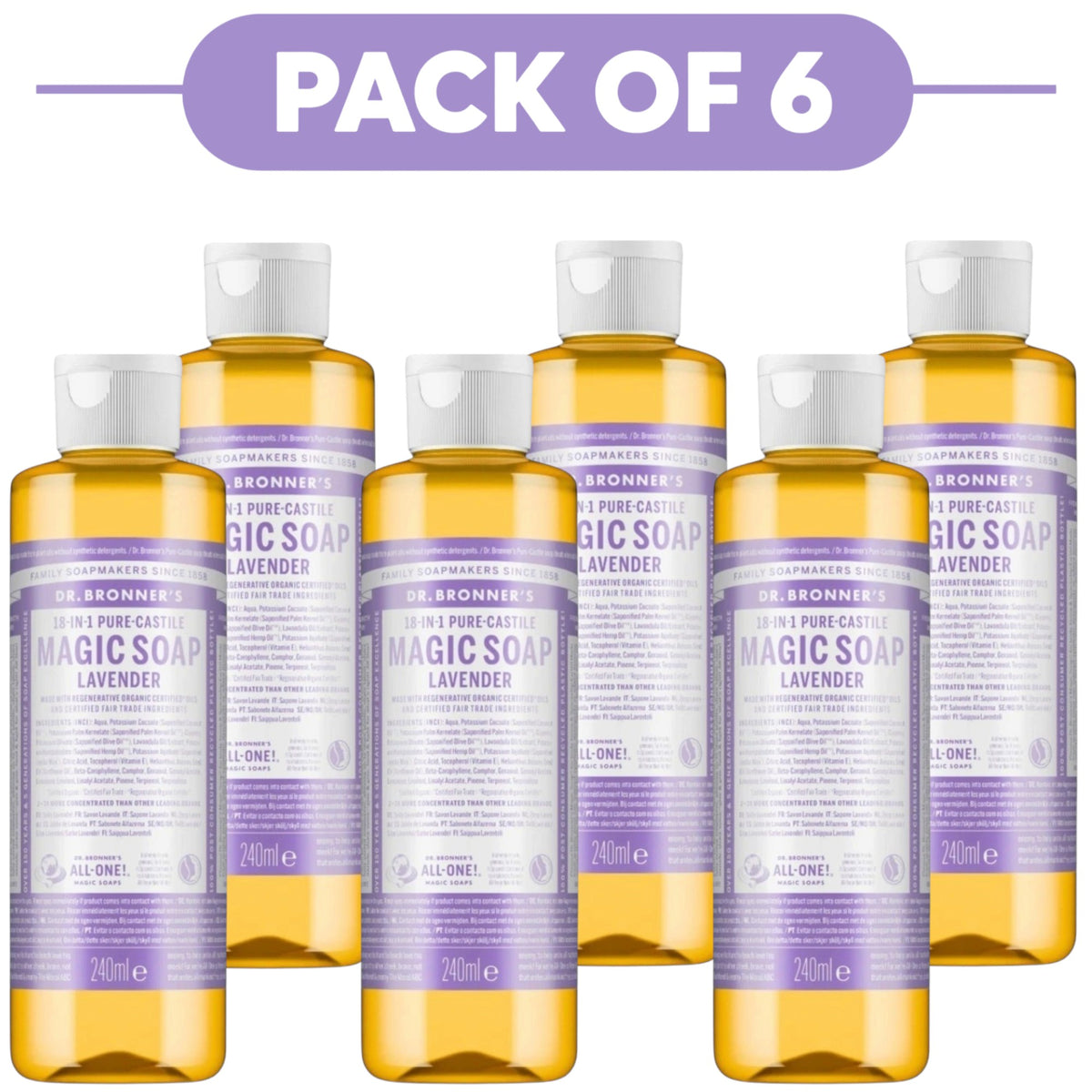 Dr. Bronner's Lavender 18-in-1 Pure-Castile Liquid Soap 240ml Pack of 6