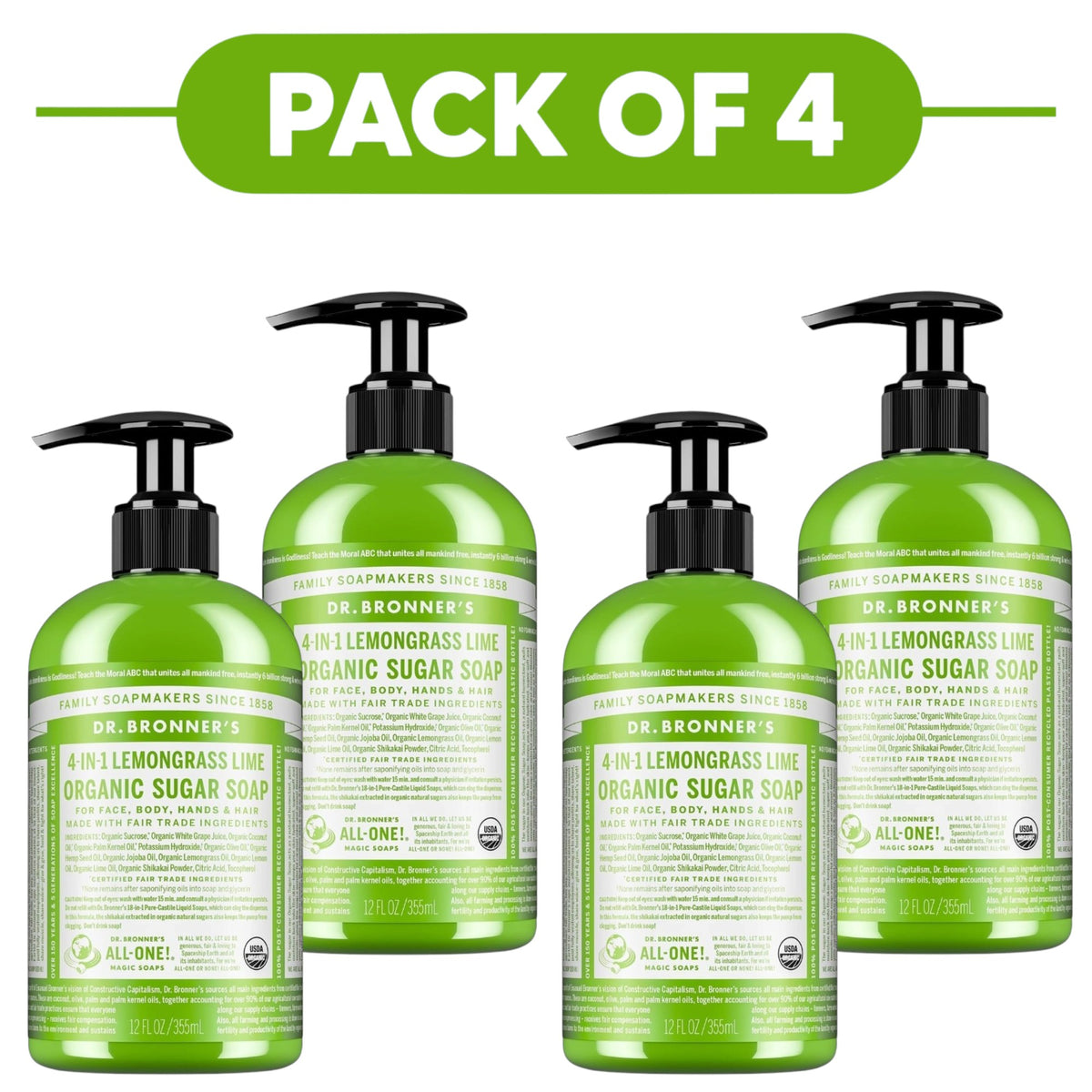 Dr. Bronner's Lemongrass Lime 4-in-1 Organic Sugar Soap 355ml Pack of 4