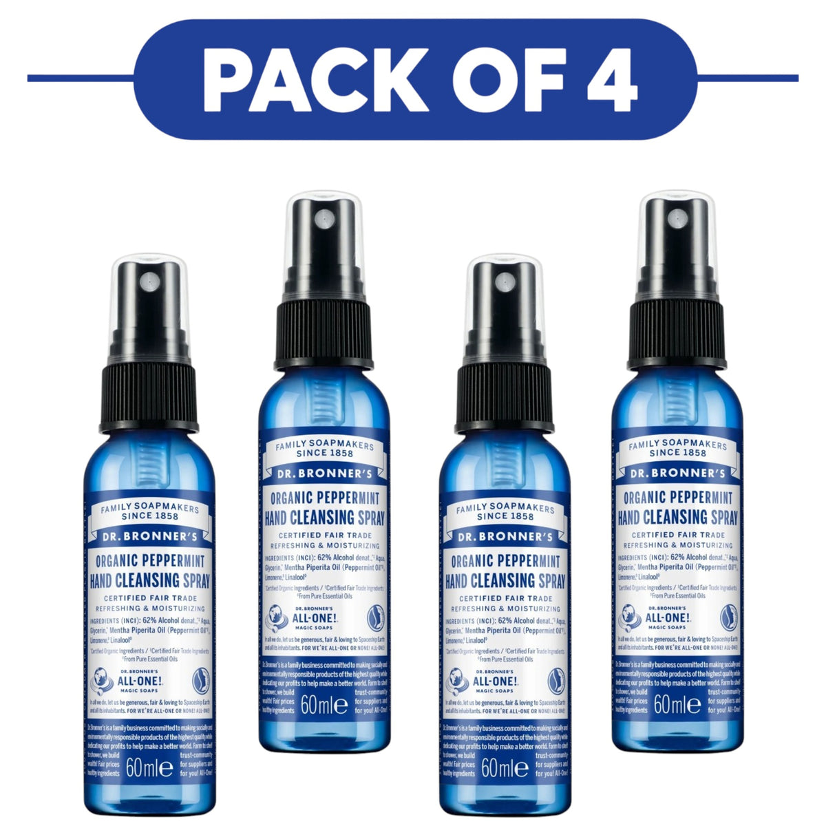 Dr. Bronner's Organic Peppermint Hand Cleansing Spray 60ml Pack of 4
