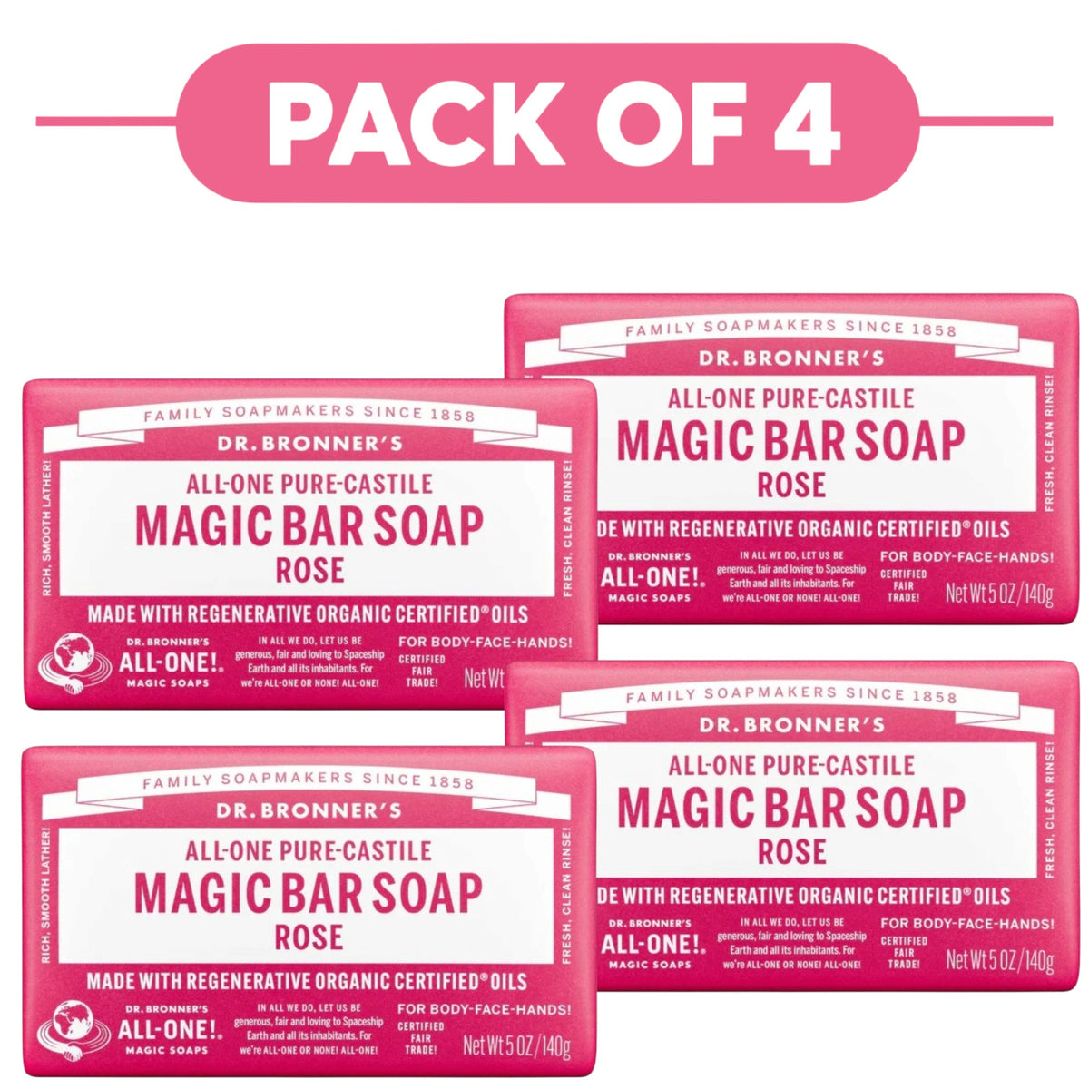 Dr. Bronner's Pure-Castile Magic Bar Soap Rose 140g Pack of 4
