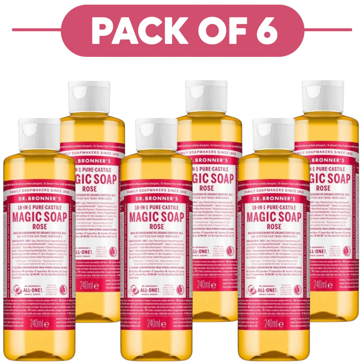 Dr. Bronner's Rose 18-in-1 Pure-Castile Liquid Soap 240ml Pack of 6
