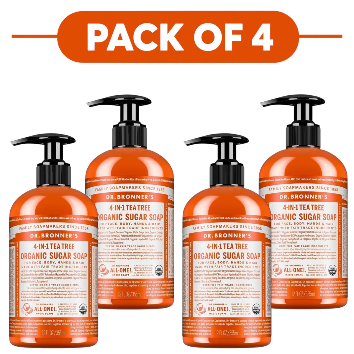 Dr. Bronner's Tea Tree 4-in-1 Organic Sugar Soap 355ml Pack of 4