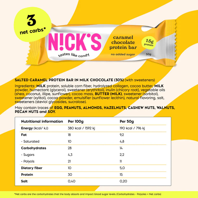 Nick's Caramel Chocolate Protein Bar Variety Pack nutrition and ingredient information 12x50g