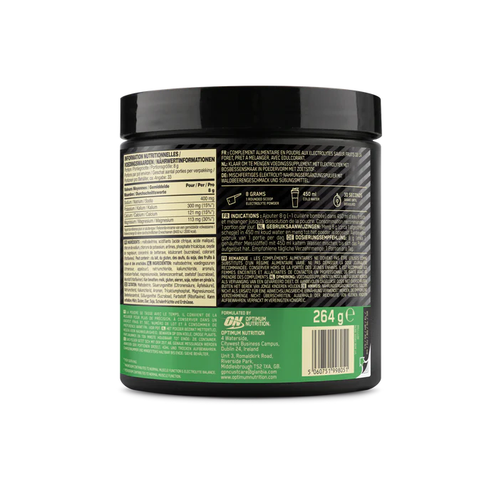 Optimum Nutrition Electrolyte Powder Forest Berries barcode on 264g tub