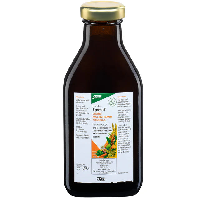 Floradix Epresat Adult Liquid Multivitamin bottle, 250ml, vegetarian.