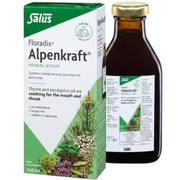 Floradix Alpenkraft Herbal Syrup bottle, box & dosage with honey & thyme, 250ml.