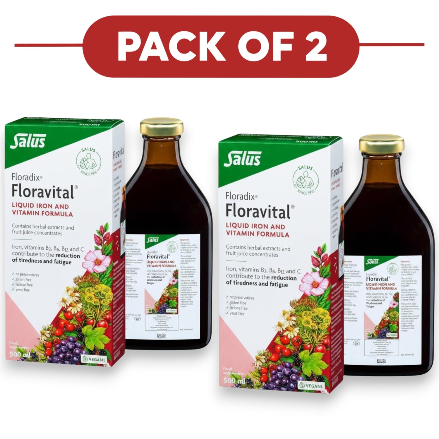 Floradix Floravital Liquid Iron & Vitamin Formula 500ml Pack of 2
