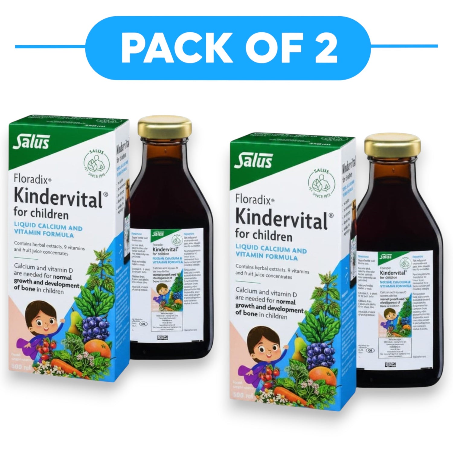 Floradix Kindervital for Children Liquid Calcium & Vitamin Formula 500ml Pack of 2