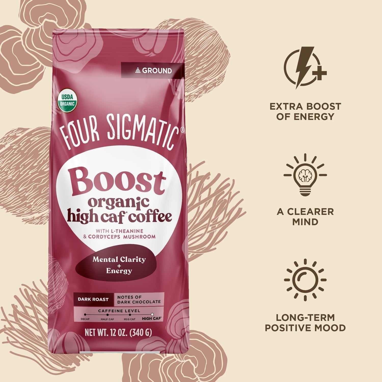 Four Sigmatic Organic High Caf Ground Coffee, Dark Roast - 340g