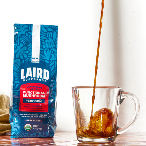 How to use: Laird Superfood Peruvian dark roast mushroom coffee 340g brewing instructions on white background