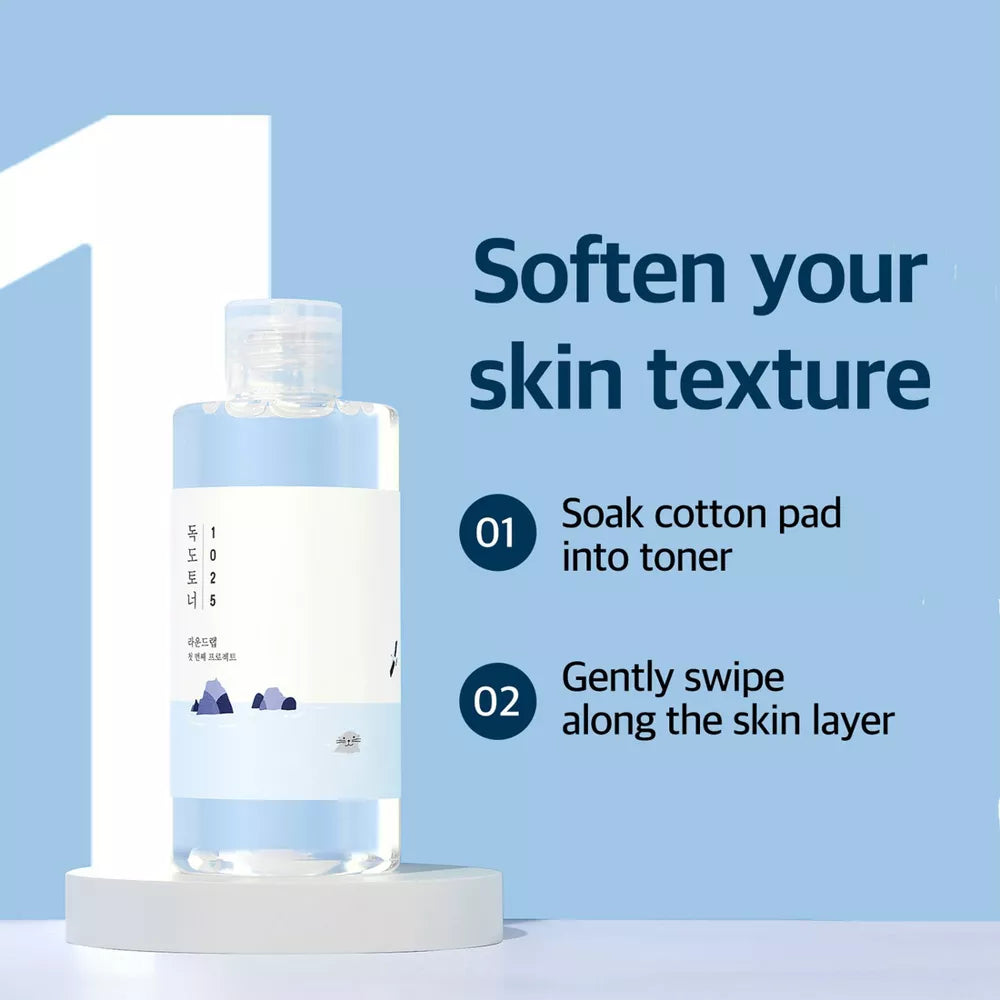 Round Lab 1025 Dokdo Toner facial toner bottle set application guide water-based skincare 2 x 200ml + 100ml