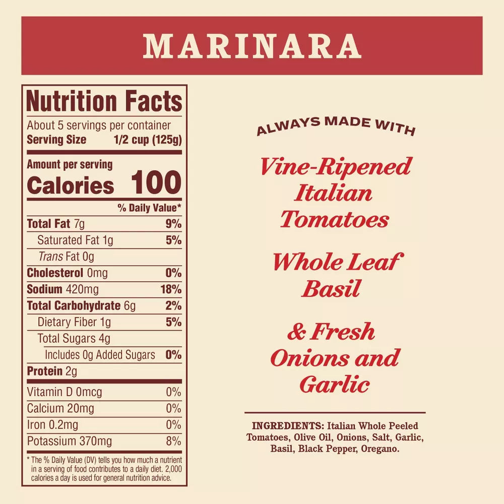 Supplement facts & ingredients image: Rao's Homemade Marinara Sauce ingredient information 790g glass jar
