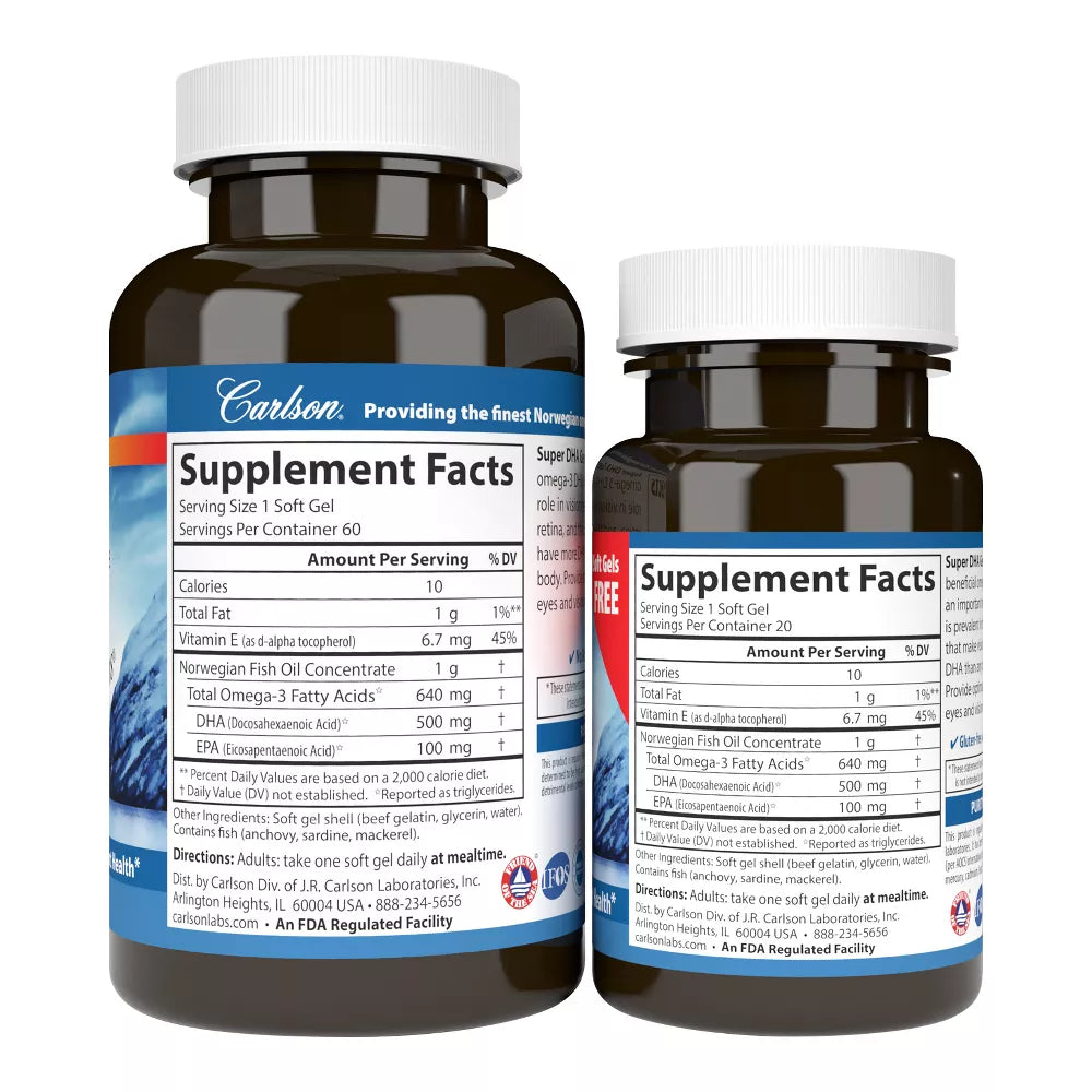 Supplement facts & ingredients image: Carlson Super DHA omega 3 DHA EPA supplement facts softgels 80 count