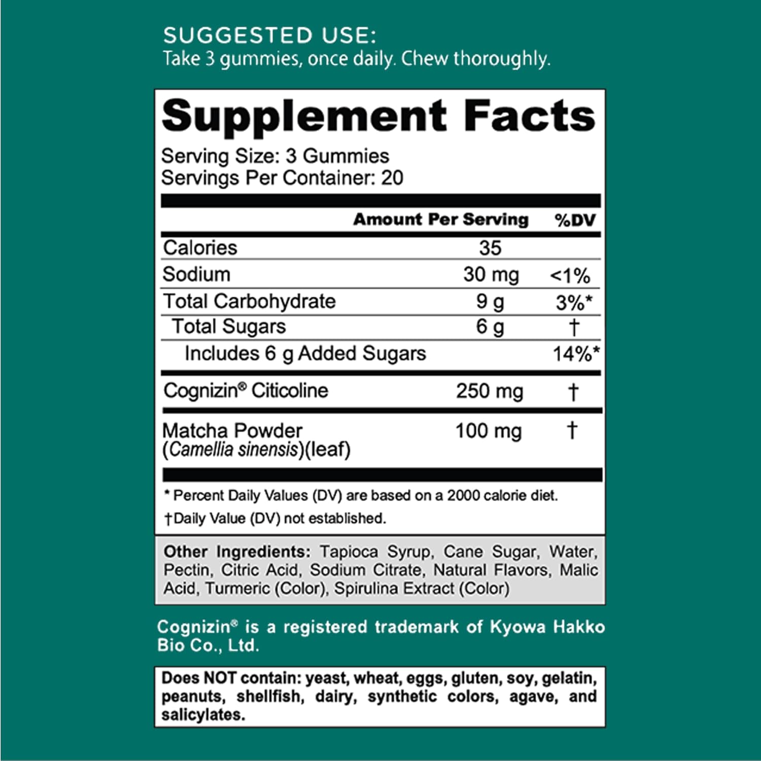 Supplement Facts & Ingredients Image: Goli Matcha Mind Cognitive Gummies ingredient label 60 gummies