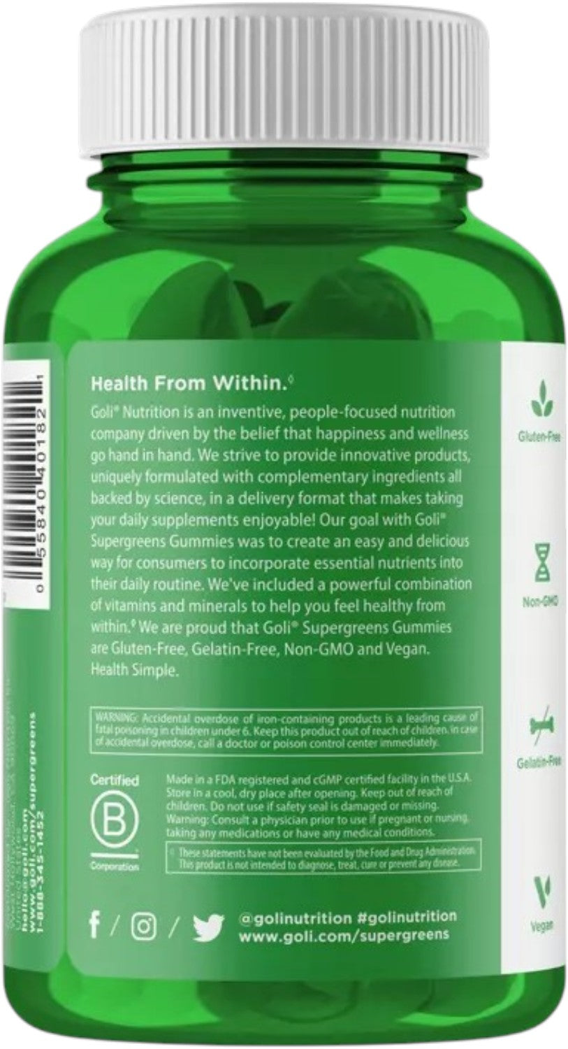 Back Image: Goli Nutrition Supergreens Gummies bottle 60 count