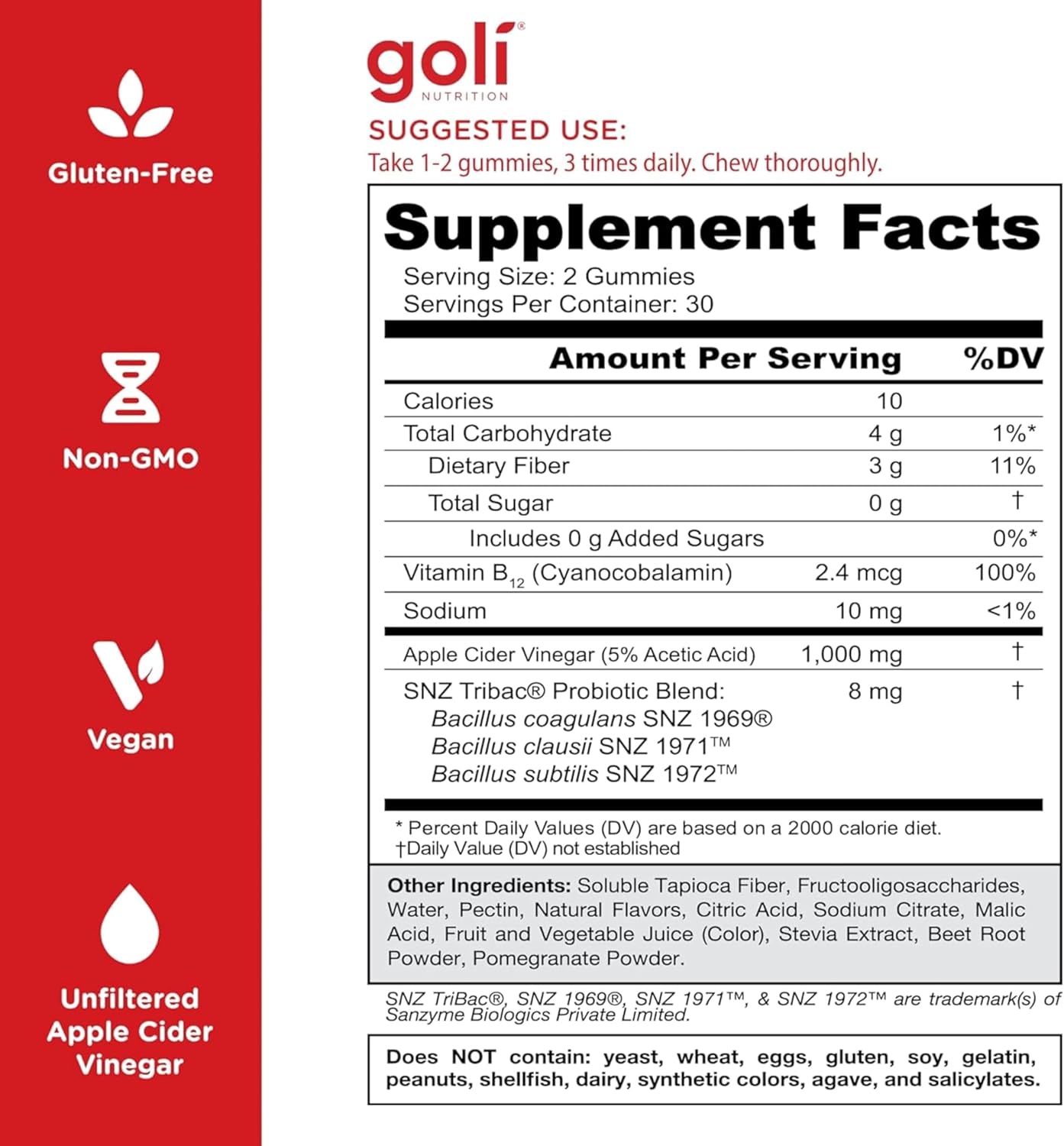 Supplement Facts & Ingredients Image: Goli Apple Cider Vinegar Gummies ingredient label 60 gummies