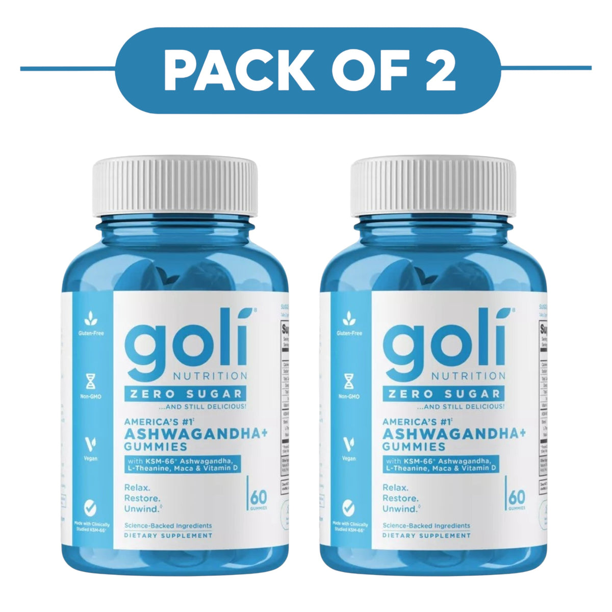 Goli Nutrition Zero Sugar Ashwagandha Plus Gummies 60 Count Pack of 2