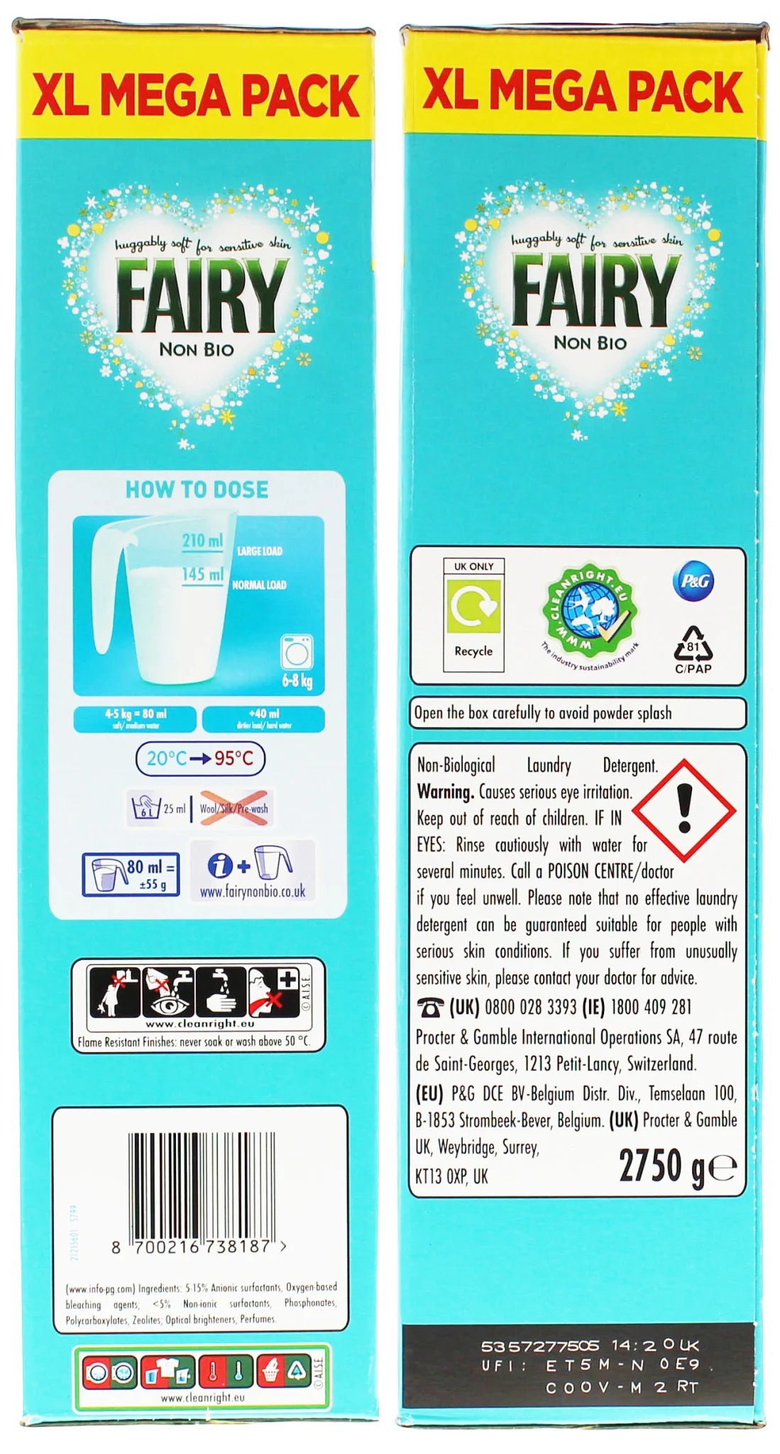 Fairy Non Bio Fast Dissolving Laundry Powder 50 Washes 3kg barcode packaging image